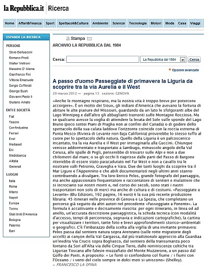 Articolo di Francesco La Spina di Repubblica del 20 Marzo 2012 con recensione anche su Passeggiate a Levante Liguria nr 1 2012