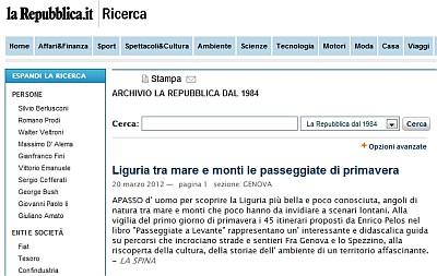Articolo di Francesco La Spina di Repubblica del 20 Marzo 2012 con recensione anche su Passeggiate a Levante Liguria nr 1 2012